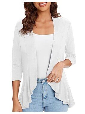Lightweight Open Front Cardigan with Ruffled 3/4 Sleeves